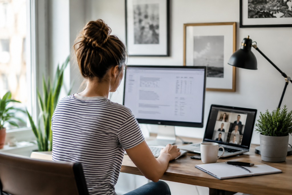 A remote professional working on a laptop to use AI automation tools for productivity
