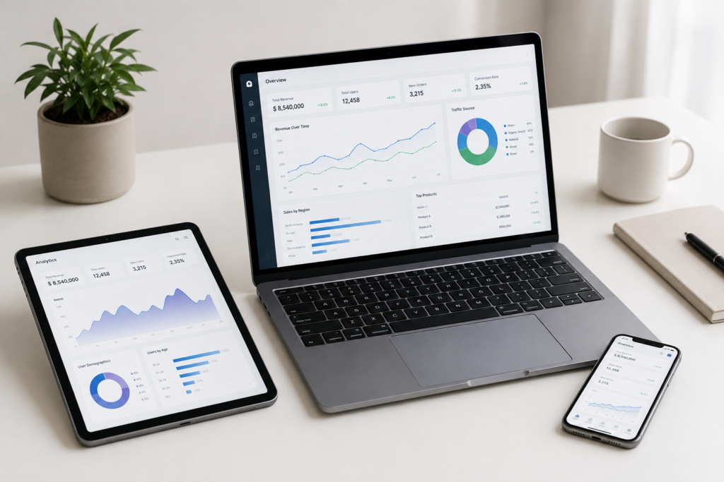 Modern workspace with laptop, tablet, and smartphone displaying AI customer service automation charts