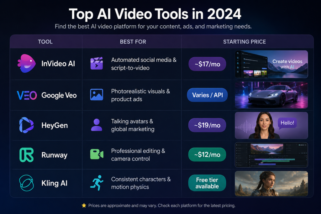 Comparison table of the best AI video generators for small business in 2026