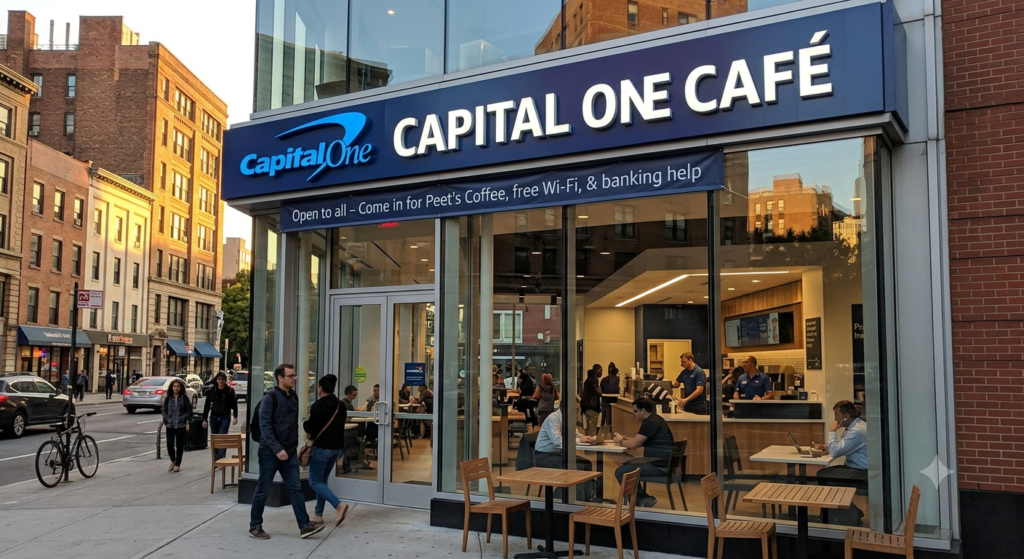 Modern Capital One Cafe exterior with large glass windows for opening a HYSA for international students