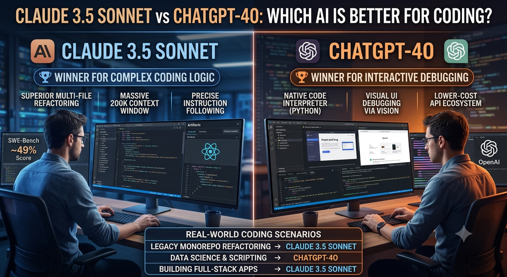 Infographic comparing Claude 3.5 Sonnet vs ChatGPT-4o features for coding