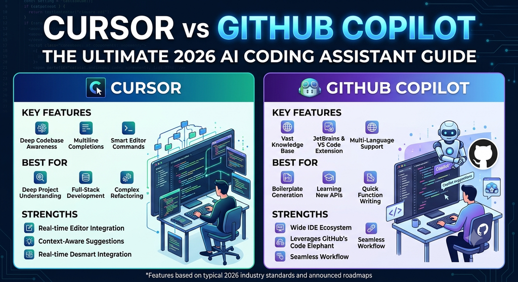 Infographic comparing Cursor vs GitHub Copilot in 2026, highlighting key features, strengths, and best-use cases for each AI coding assistant.