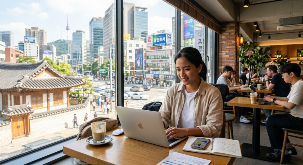 A digital nomad working on a laptop at a cafe in Seoul with a view of traditional and modern South Korea buildings, relevant to the Digital Nomad Visa South Korea guide.