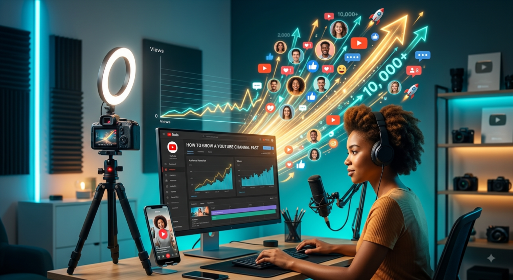A content creator analyzing real-time data in YouTube Studio to learn how to grow a YouTube channel fast with explosive graphics showing subscriber growth.