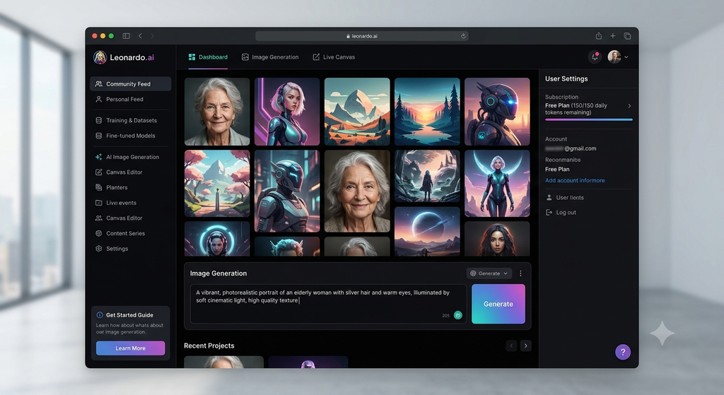Leonardo AI dashboard and generated portrait, showcasing its capabilities as one of the best free Midjourney alternatives in 2026