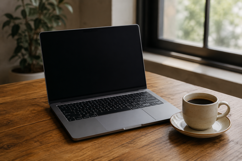 A clean home office setup with a laptop and coffee
