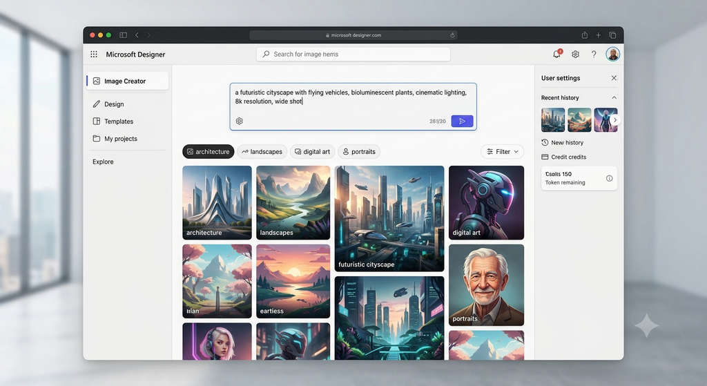 Microsoft Designer interface with DALL-E 3, demonstrating its easy browser-based approach among the best free Midjourney alternatives.