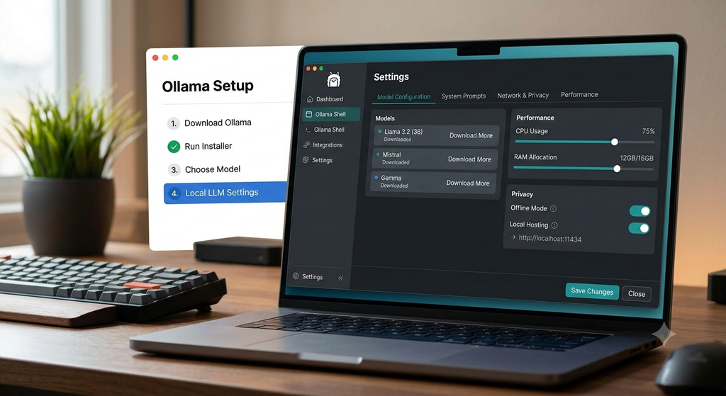 Ollama installation interface and settings screen to Run a Local LLM