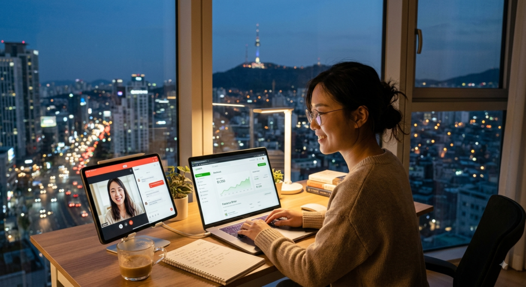 Side hustles for expats in korea working on a laptop in Seoul
