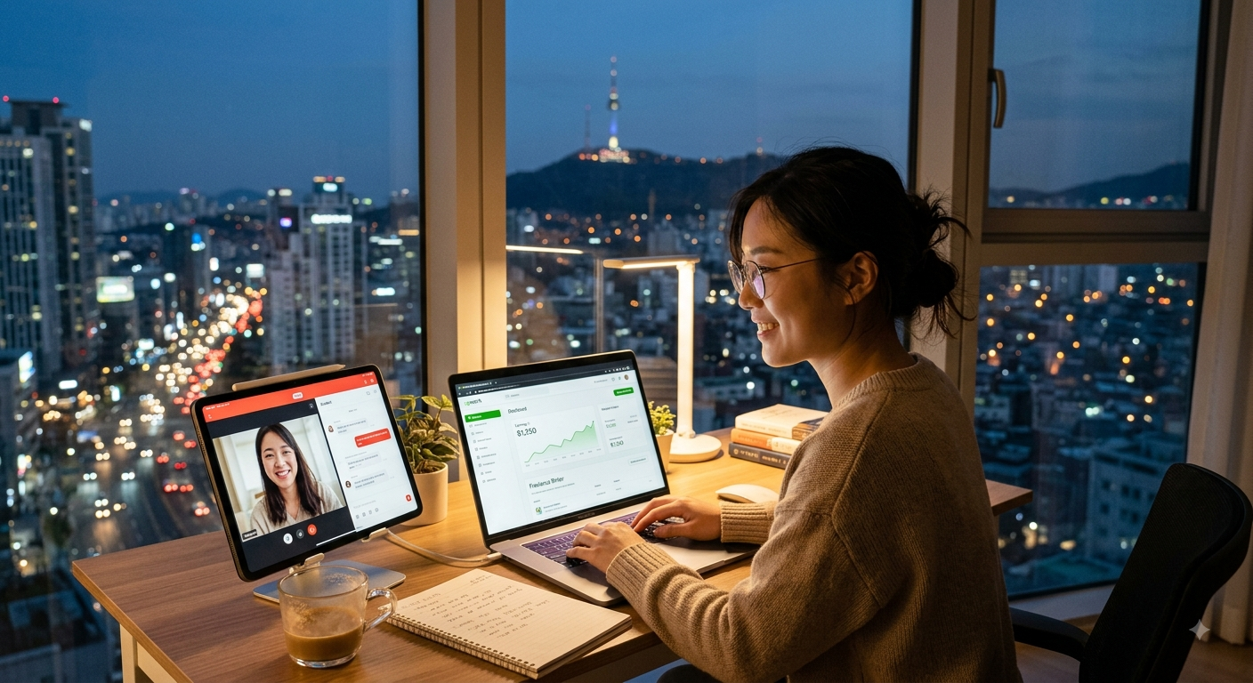 Side hustles for expats in korea working on a laptop in Seoul