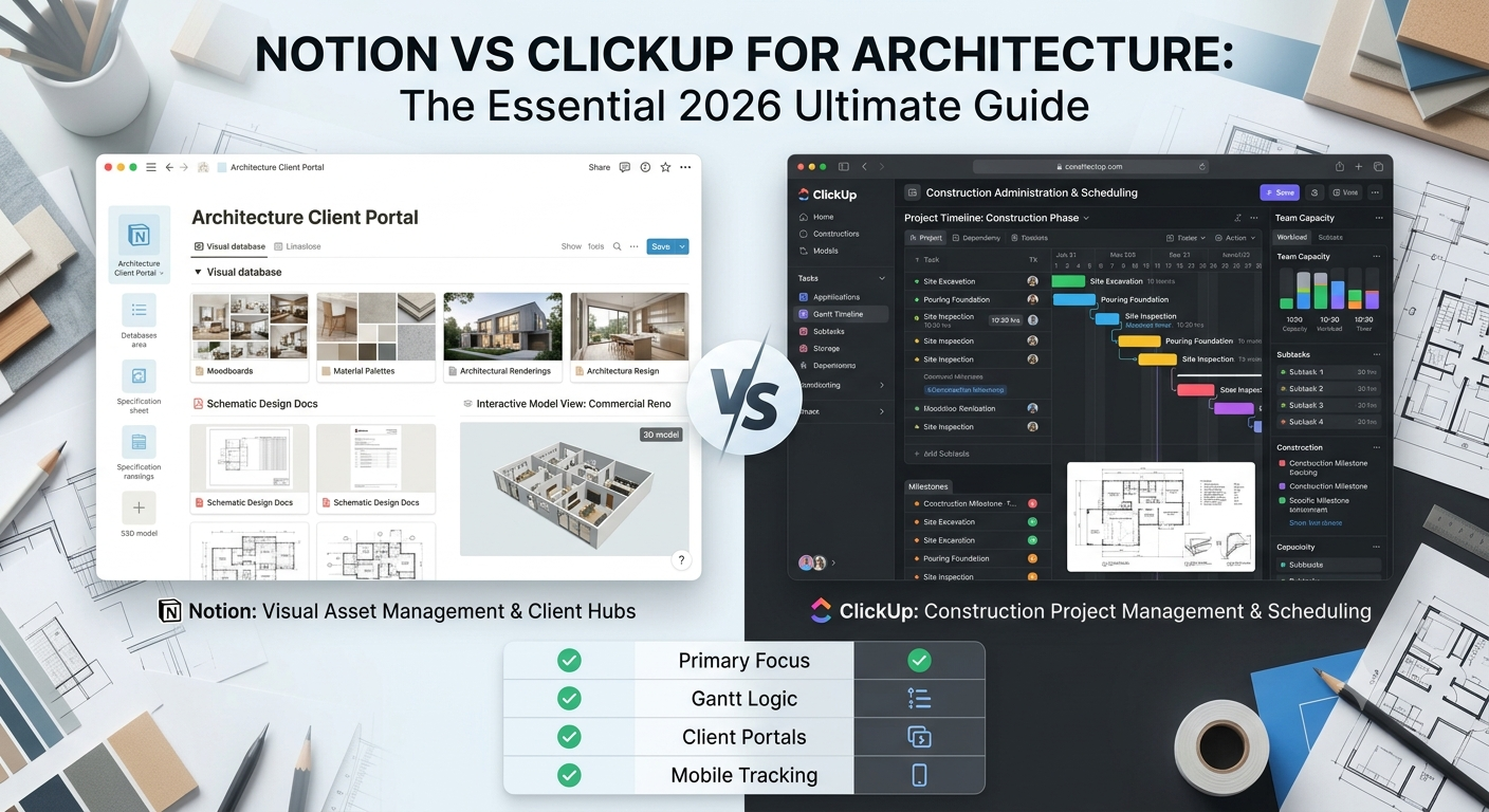 Notion vs ClickUp for architecture comparison chart showing client portal and construction gantt timeline